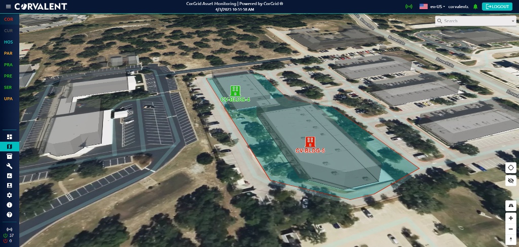CorGrid Asset Monitoring — 3D georeferenced facility mapping showing building outlines and real-time asset status pins